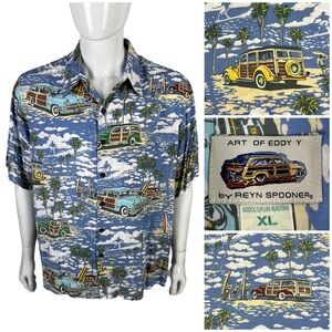 Vintage Art of Eddy Y Reyn Spooner Hawaiian Shirt XL Men Blue Woody Wagons Surf